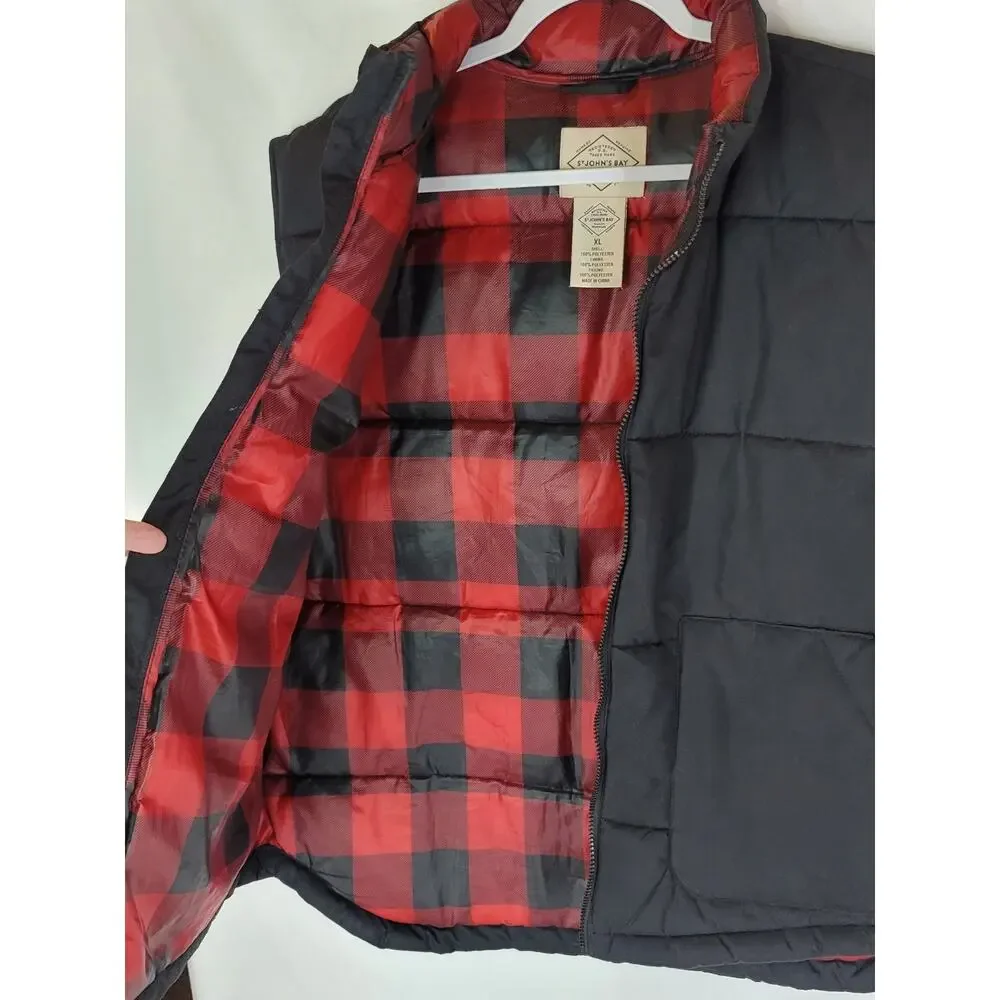 VTG Black ST JOHN'S BAY Zip Front Puffer Vest Red Buffalo Plaid Lining Men's XL